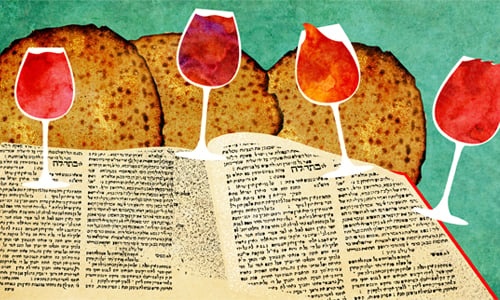 The three matzahs and four cups of wine that we eat and drink at the Passover Seder. - Art by Sefira Lightstone
