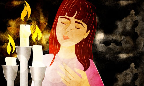 A Jewish woman lighting Shabbat candles , 18 minutes before sunset, on Friday afternoon. - Art by Sefira Lightstone