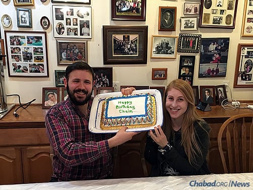 Chatham graduate student Rachel Skupsky and her fiance, Chaim Marks, celebrate his birthday at the Chabad House. Rachel has since graduated, and the couple has married.