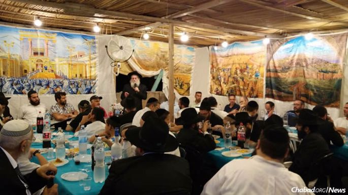 Around the world this Shabbat, people will celebrate the completion of the 35th cycle of study of Maimonides' Mishneh Torah in sukkahs, like this one at Thursday's gathering, pictured above at Chabad of Ashkelon, Israel.