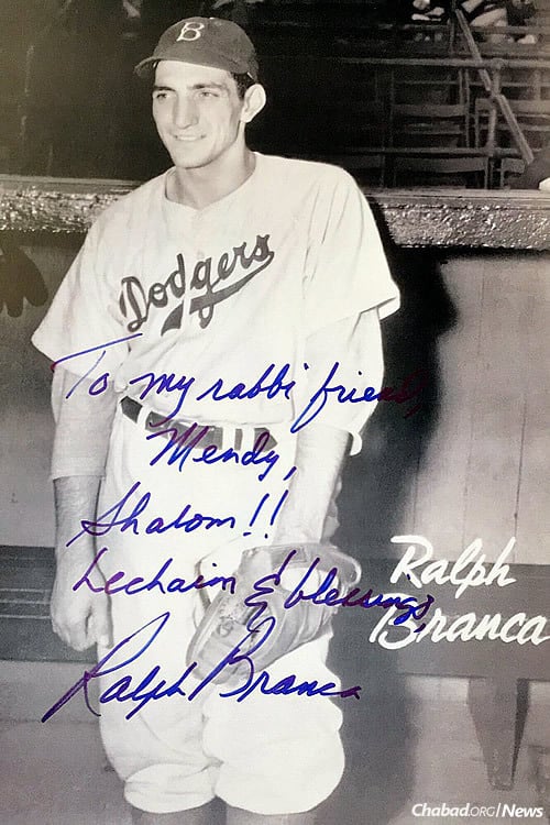 A signed photo that Branca gave to Chabad yeshivah student Mendy Marlow. It reads: “To my rabbi friend, Mendy,” Branca wrote to one of the Chabad boys after his bar mitzvah. “Shalom!! Lechaim &amp; blessings, Ralph Branca.”