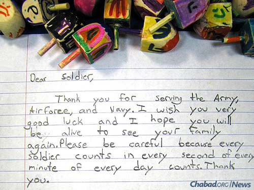 Letters from kids thanking U.S. soldiers accompany Chanukah items such as menorahs, candles, dreidels and chocolate coins. (Photo: Courtesy of the Aleph Institute)