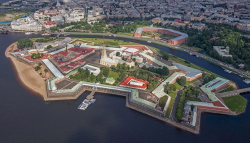 Aerial view of the Peter and Paul Fortress, which served from around 1720 as a
prison for high-ranking and political prisoners. Today it is an important part
of the State Museum of Saint Petersburg History.